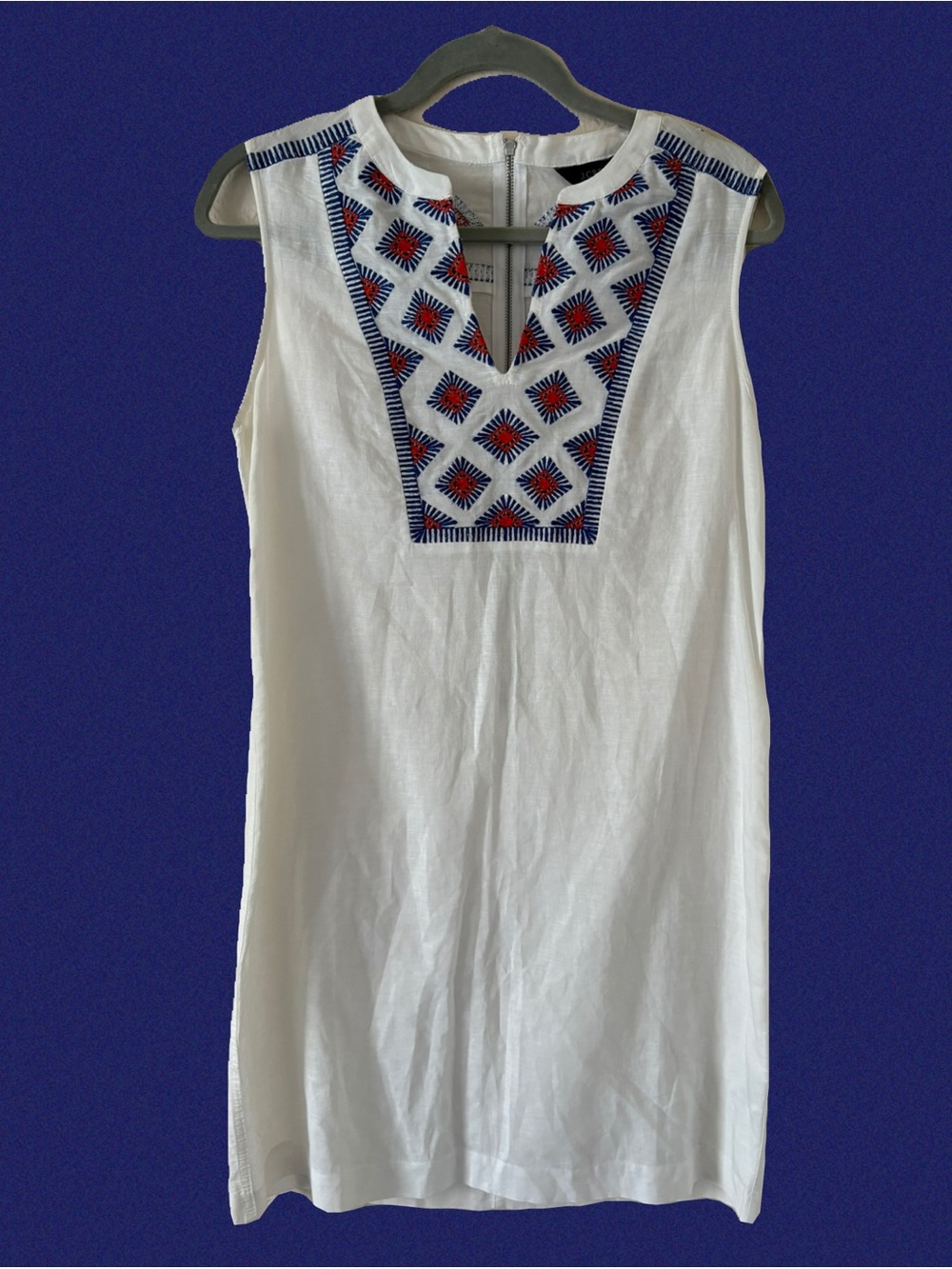 J. Crew Sleeveless Linen Tunic Dress Size Small Red White & Blue Embroidery